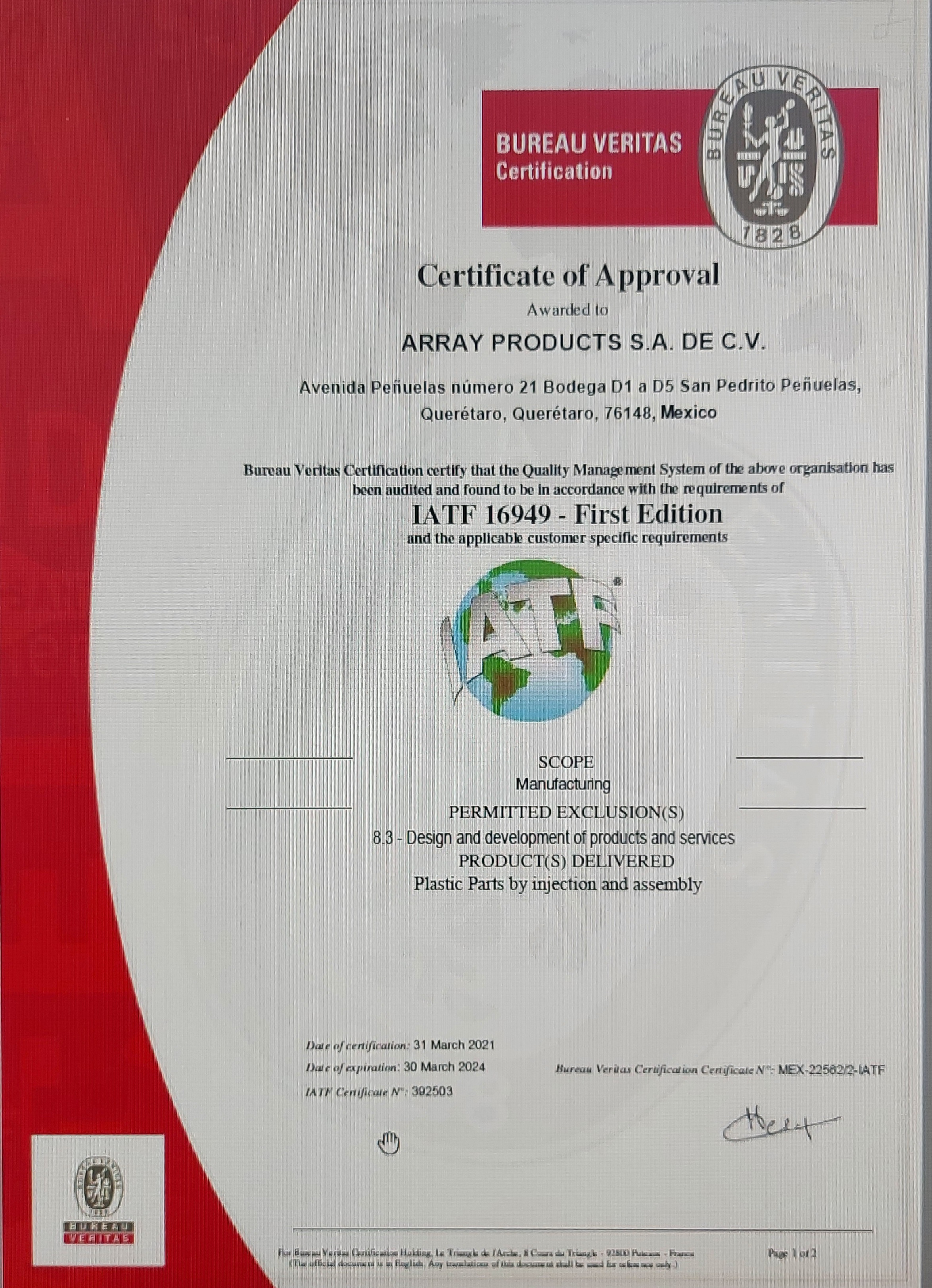 Voorman Afscheid rijk ARRAY PRODUCTS SA DE CV in Mexico obtains IATF 16949 certification - Array  Plàstics