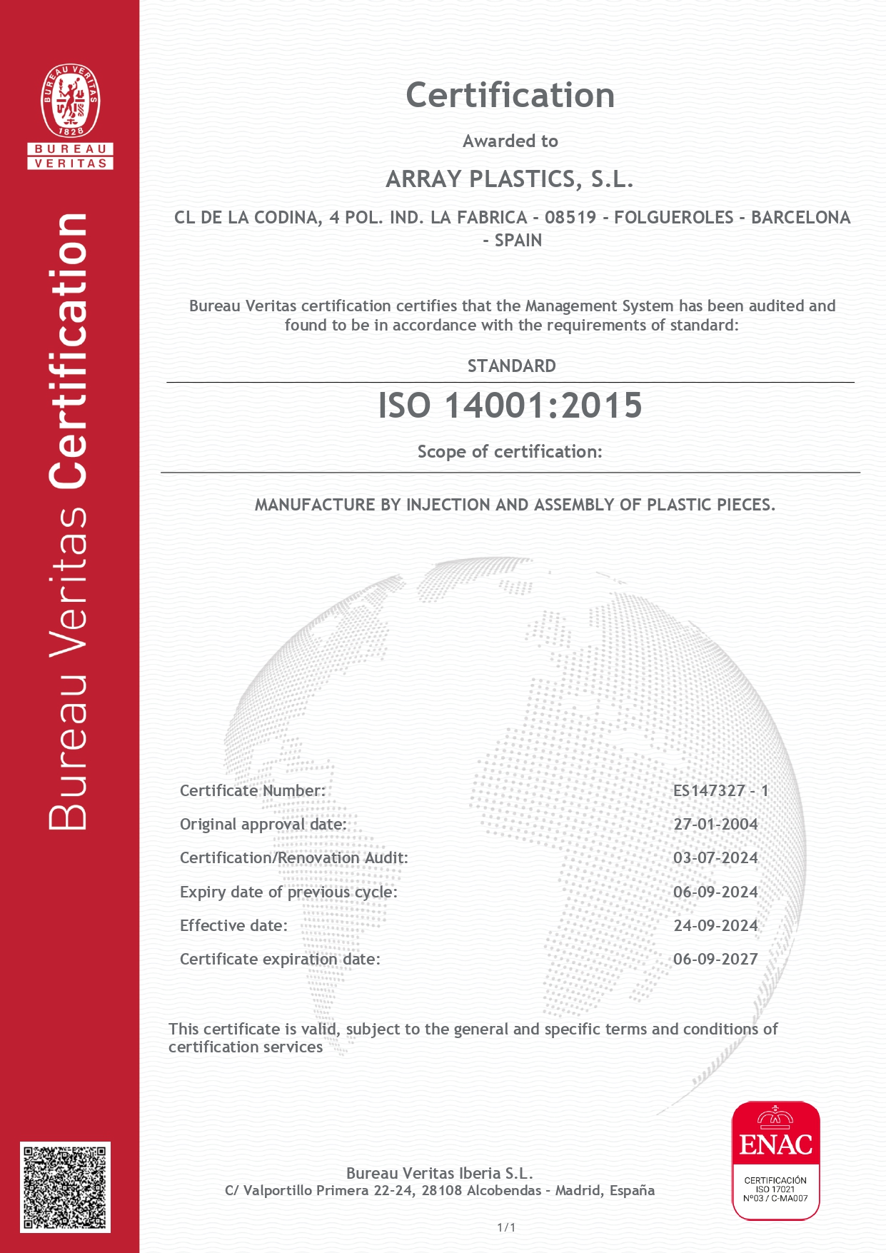 ISO 14001 Array Plàstics, S.L.